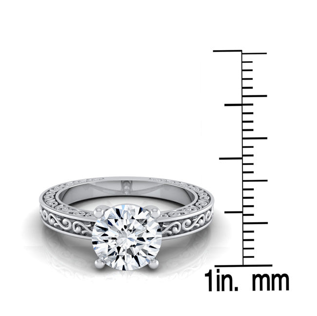 1ct Round Diamond Solitaire Engagement Ring With Scroll Detail Shank In 14k White Gold, Igi-certified
