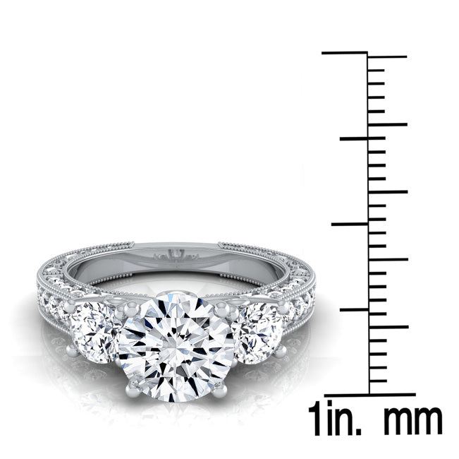 1 7/8ctw Round 3 Stone Engagement Ring With Diamond Pave Shank In 14k White Gold, Igi-certified