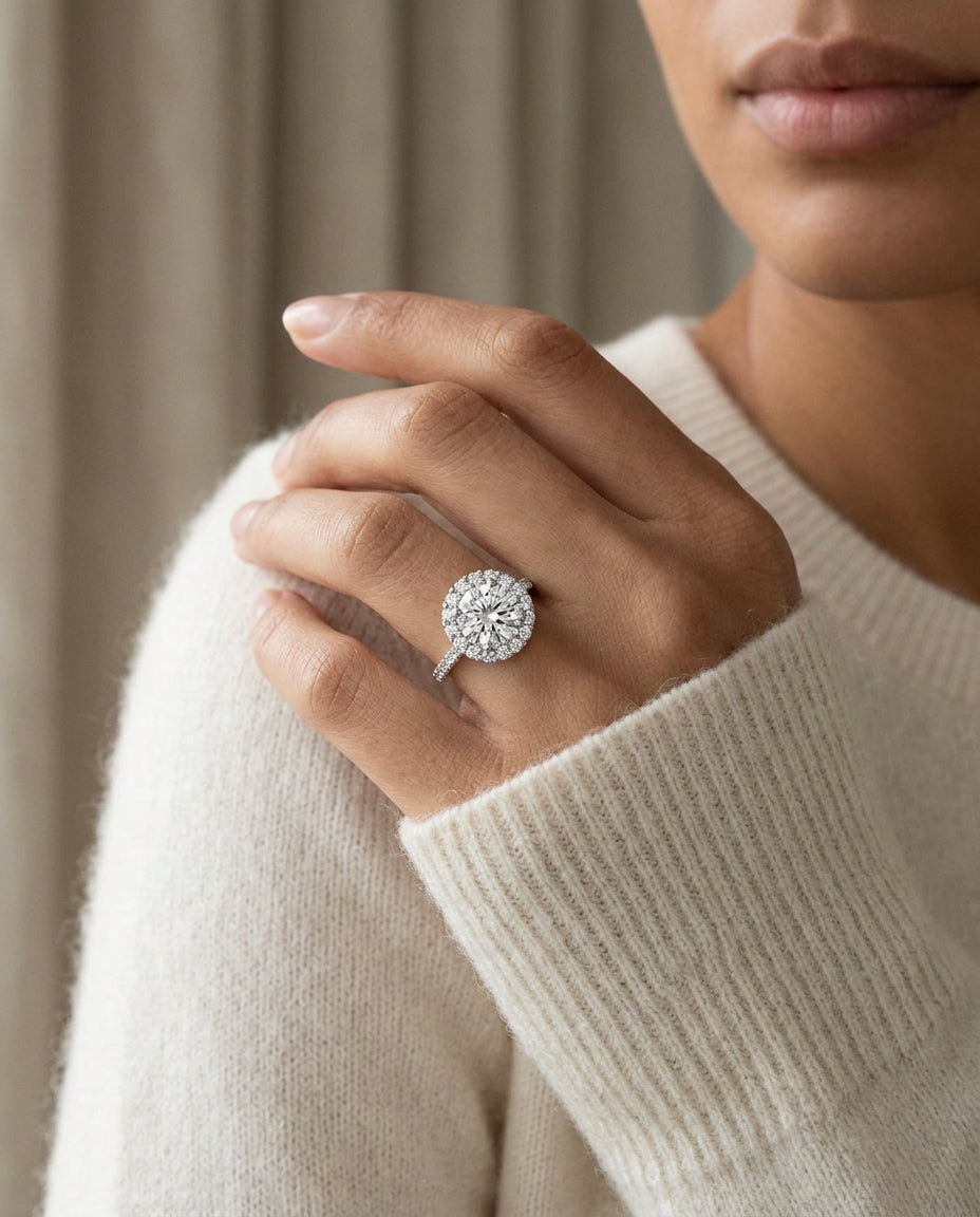 1 5/8ctw Round Diamond Halo Engagement Ring With Pave Shank In 14k White Gold, Igi-certified — editorial close-up