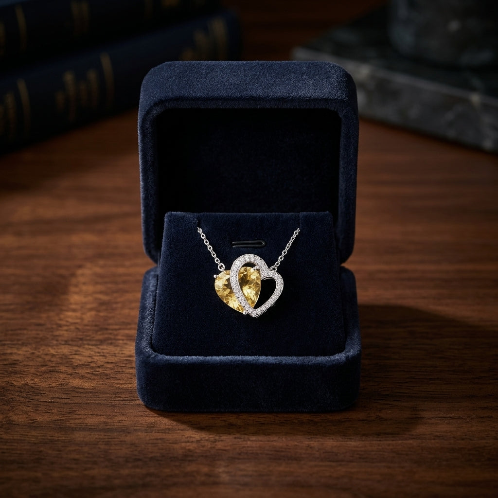 Citrine And Diamond Double Heart Necklace In 14k White Gold (18-in Curb Chain) — gift presentation
