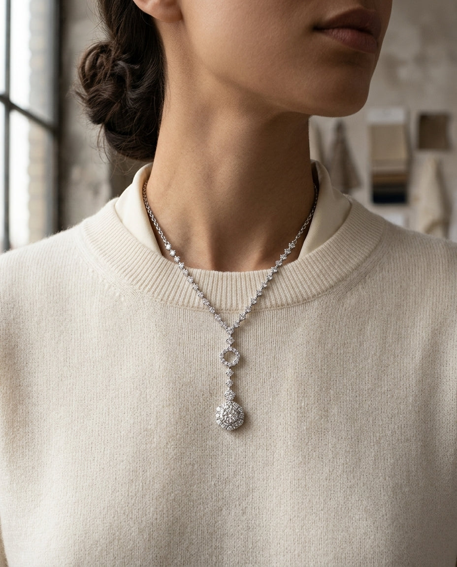 Diamond Cluster Y-necklace In 14k White Gold — editorial close-up