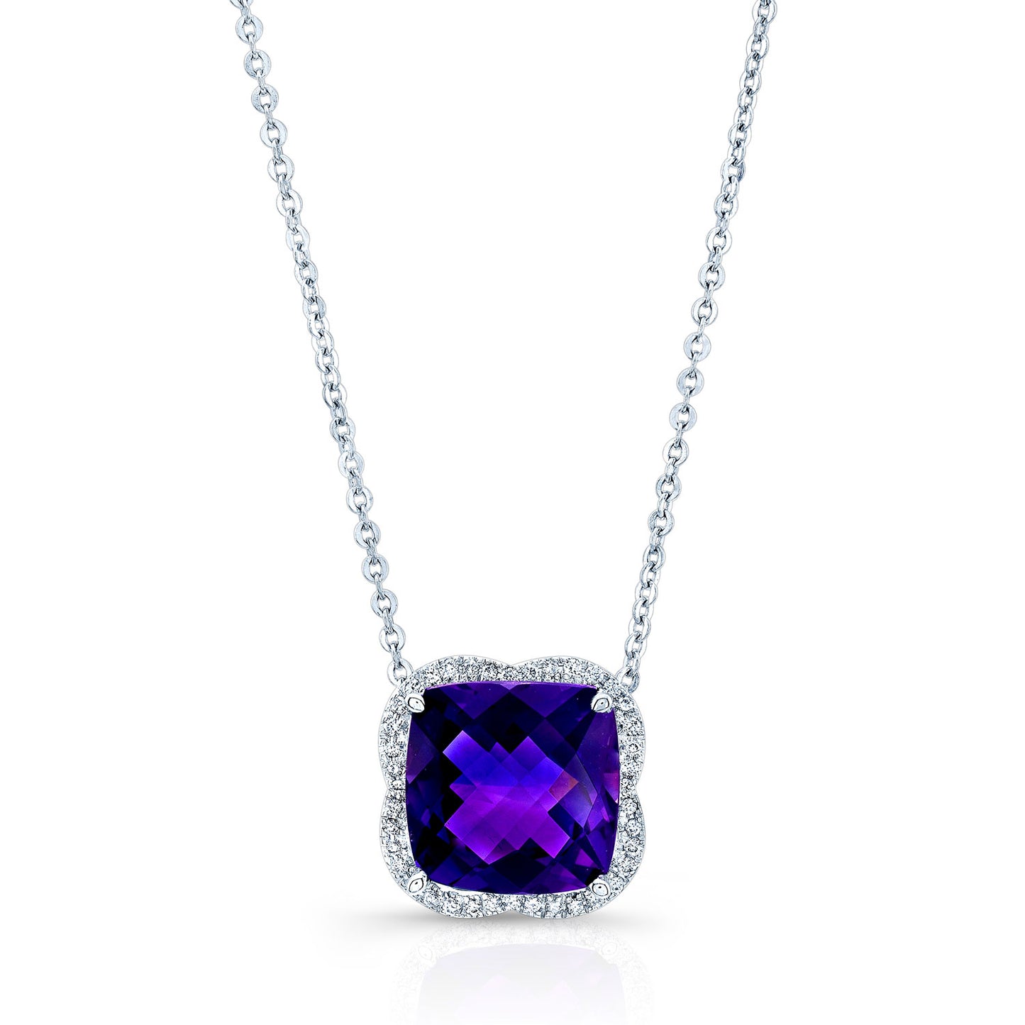 Amethyst And Diamond Scalloped Framed Necklace In 14k White Gold (17-inch Rolo Chain)