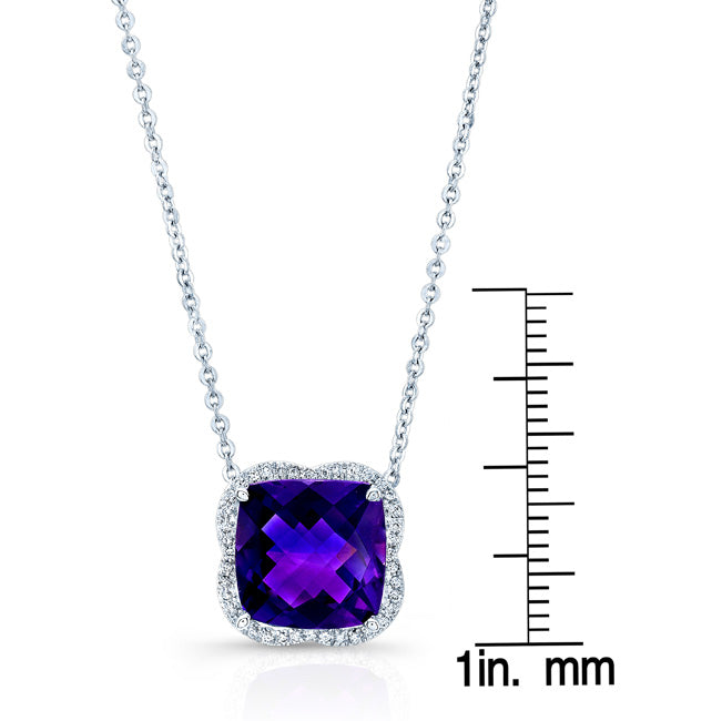 Amethyst And Diamond Scalloped Framed Necklace In 14k White Gold (17-inch Rolo Chain)