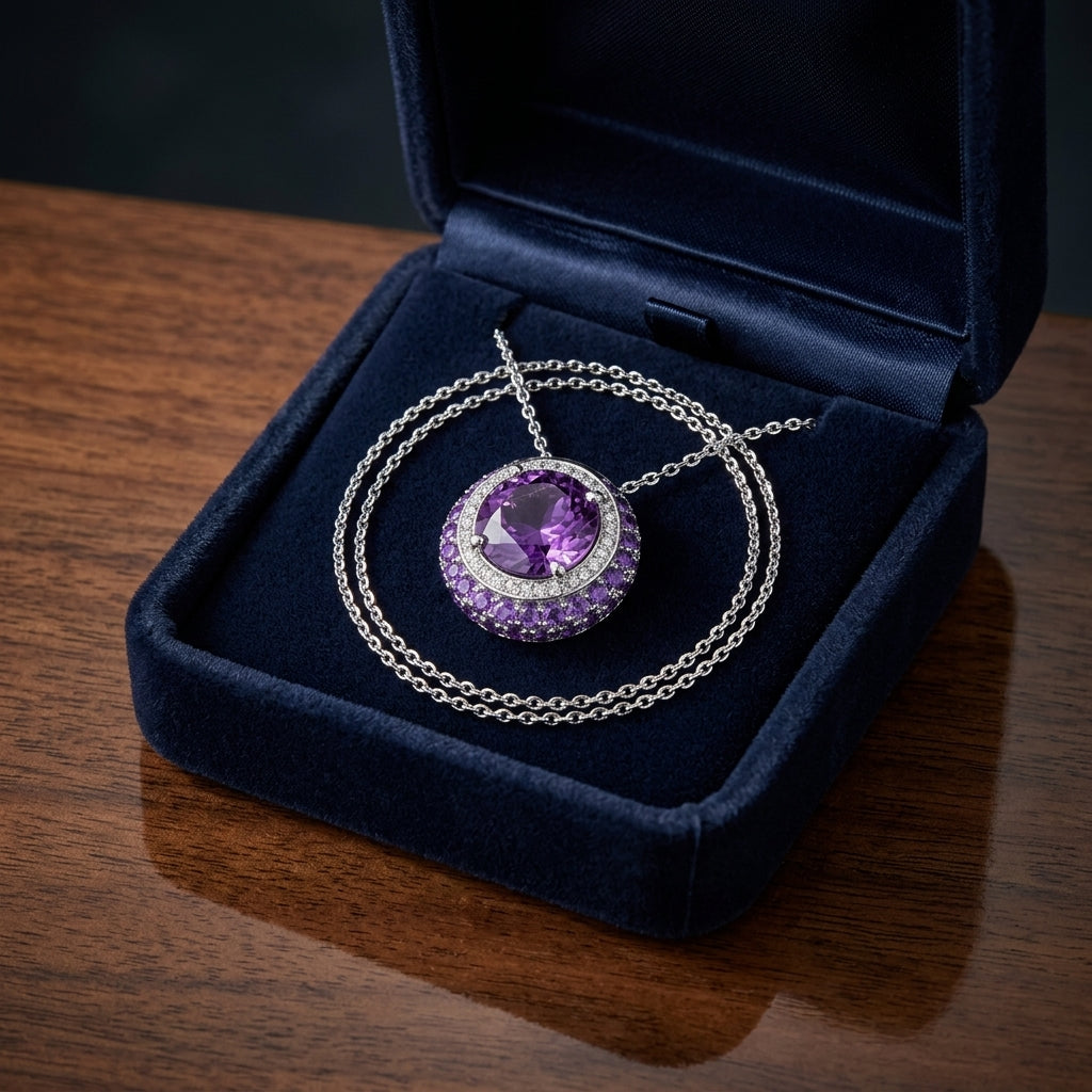 Amethyst And Diamond Halo Pendant With Crescent Color Accent In 14k White Gold — gift presentation