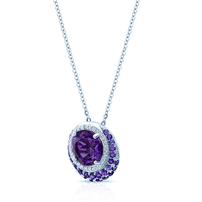 Amethyst And Diamond Halo Pendant With Crescent Color Accent In 14k White Gold