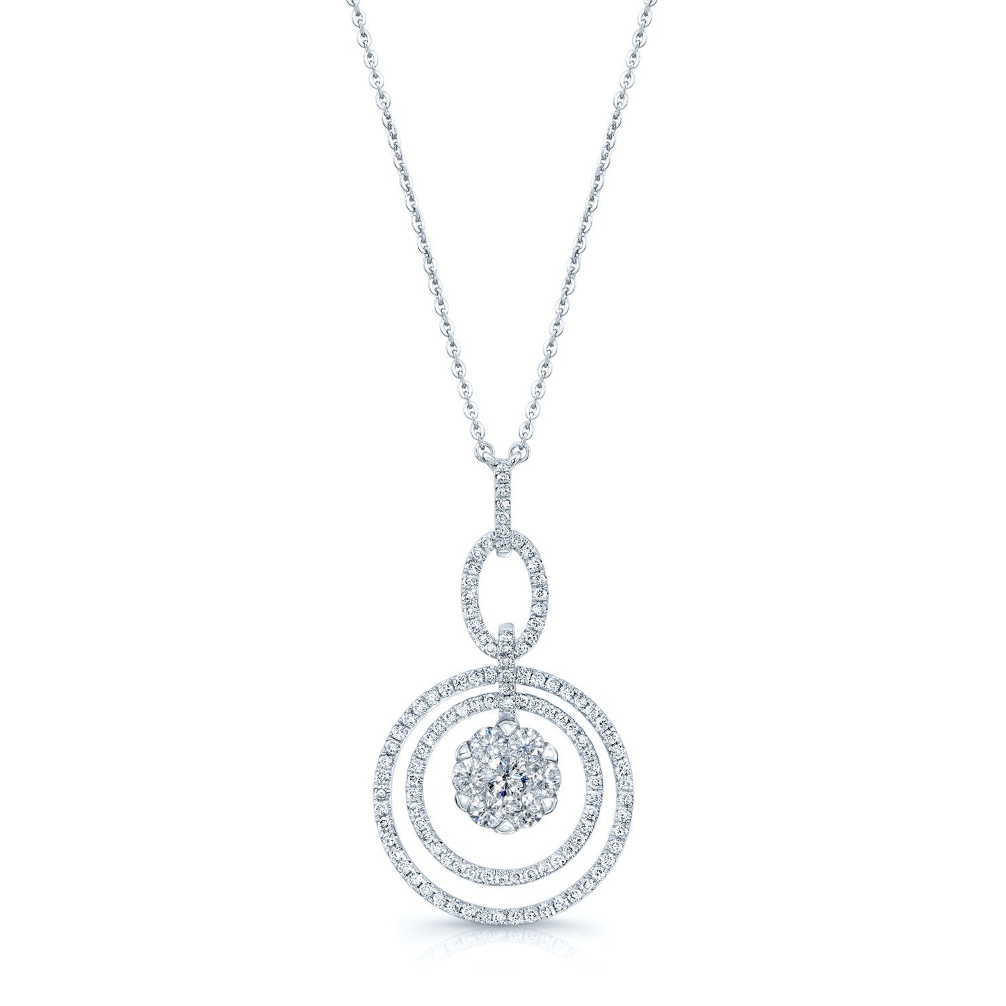 Diamond Cluster Oval Link Dangle Necklace In 14k White Gold	16-inch Chain