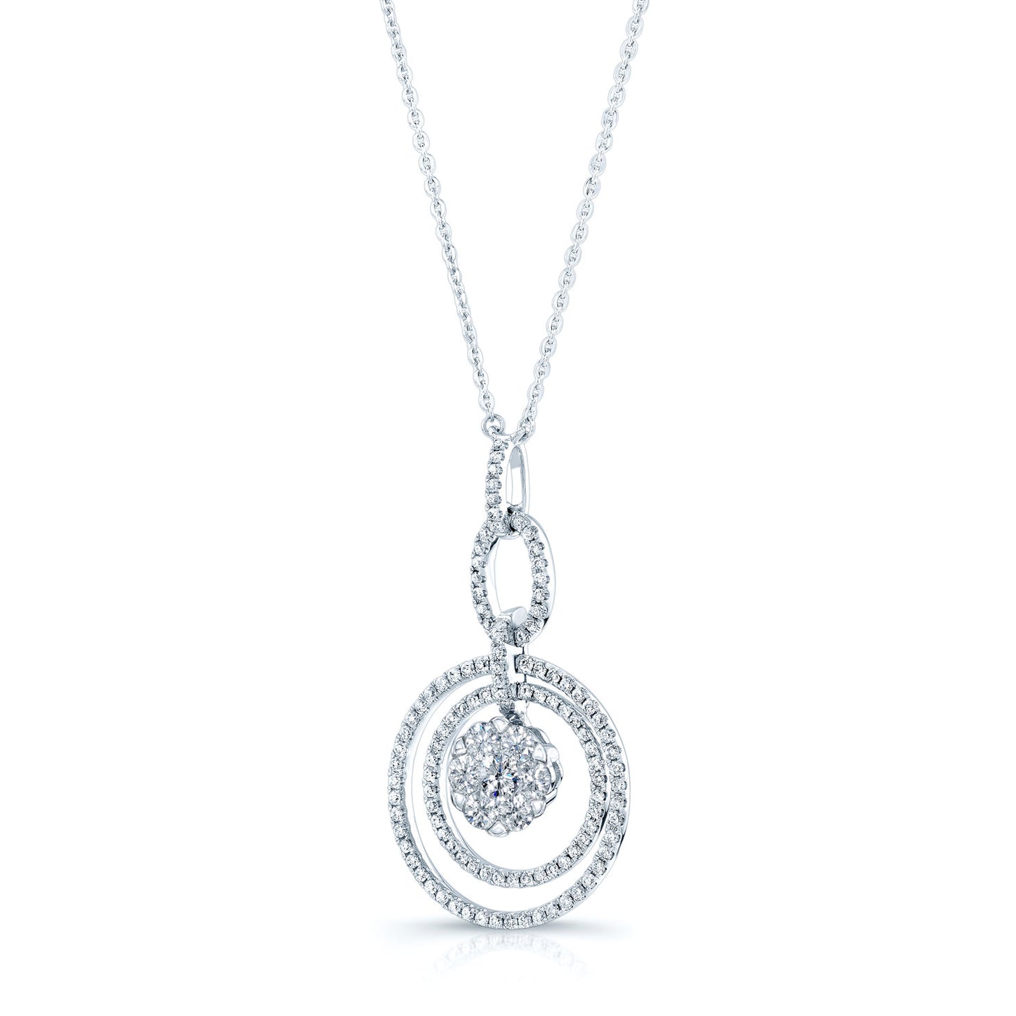 Diamond Cluster Oval Link Dangle Necklace In 14k White Gold	16-inch Chain