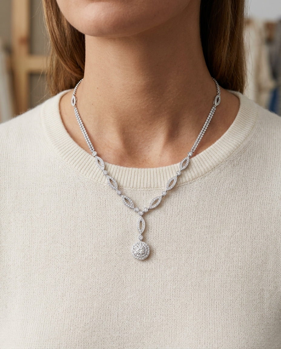 Diamond Marquise Link Necklace With Double Strand Chain In 14k White Gold — editorial close-up