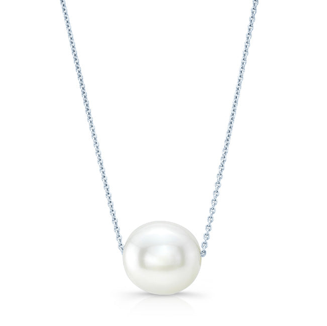White Cultured Akoya Pearl Floating Necklace In 14k White Gold