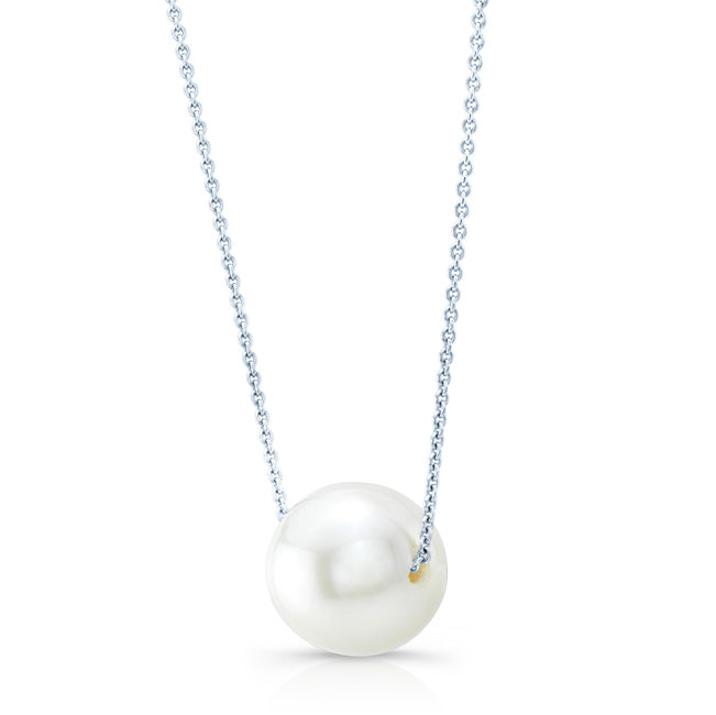 White Cultured Akoya Pearl Floating Necklace In 14k White Gold