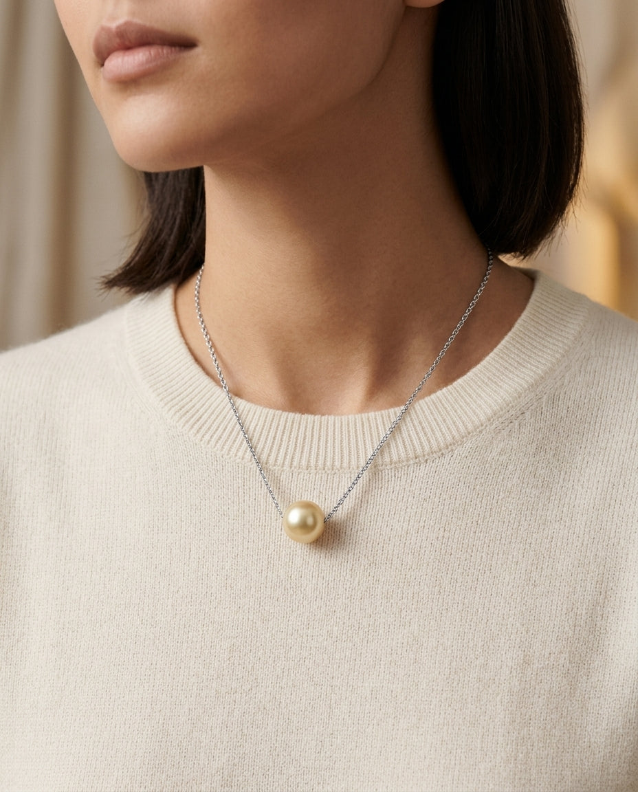 Gonden Pearl Floating Pendant In 14k White Gold — editorial close-up