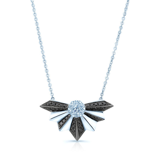 Black And White Diamond Fan Necklace In 14k White Gold (si)