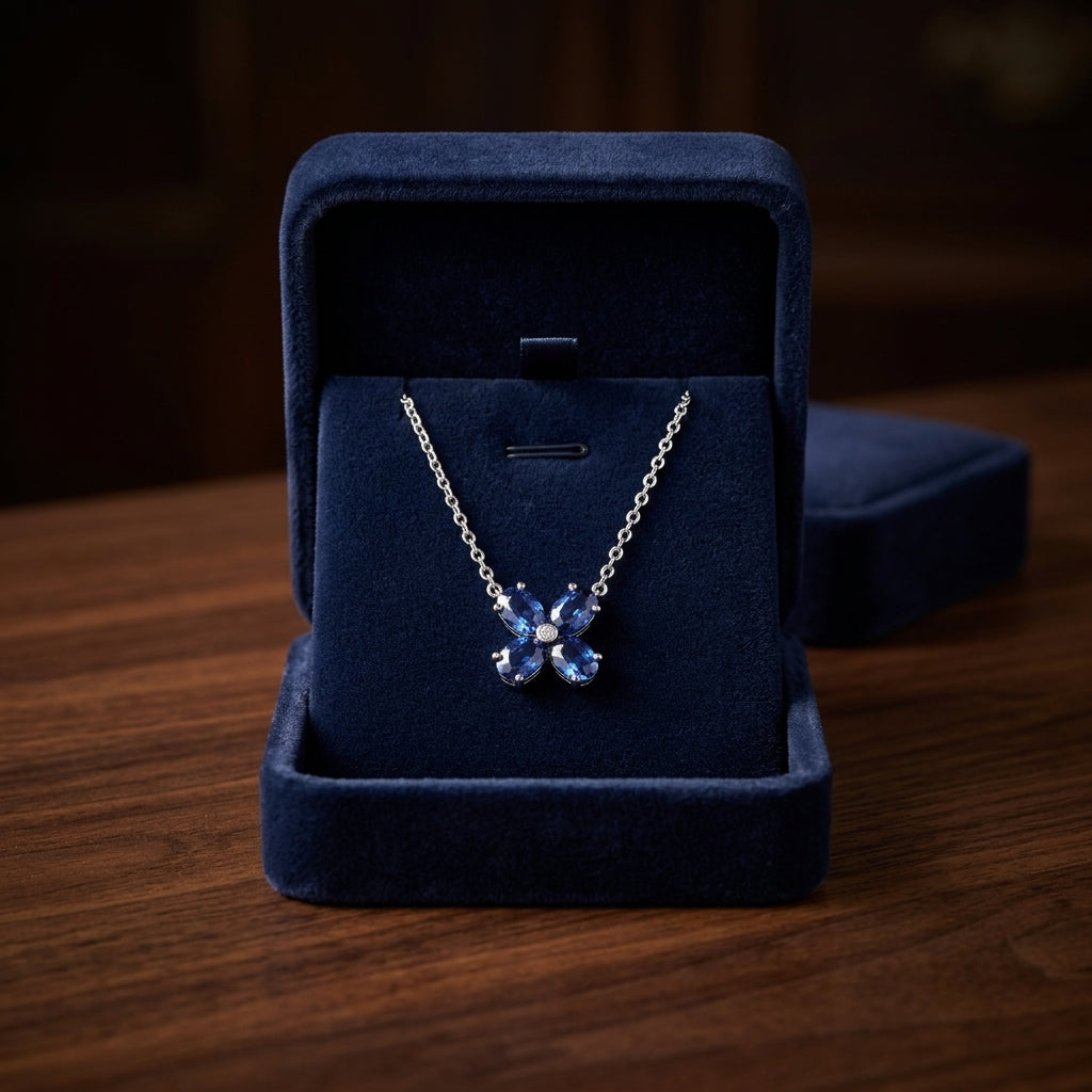 Blue Sapphire & Diamond Necklace Set in 14K White Gold - presentation