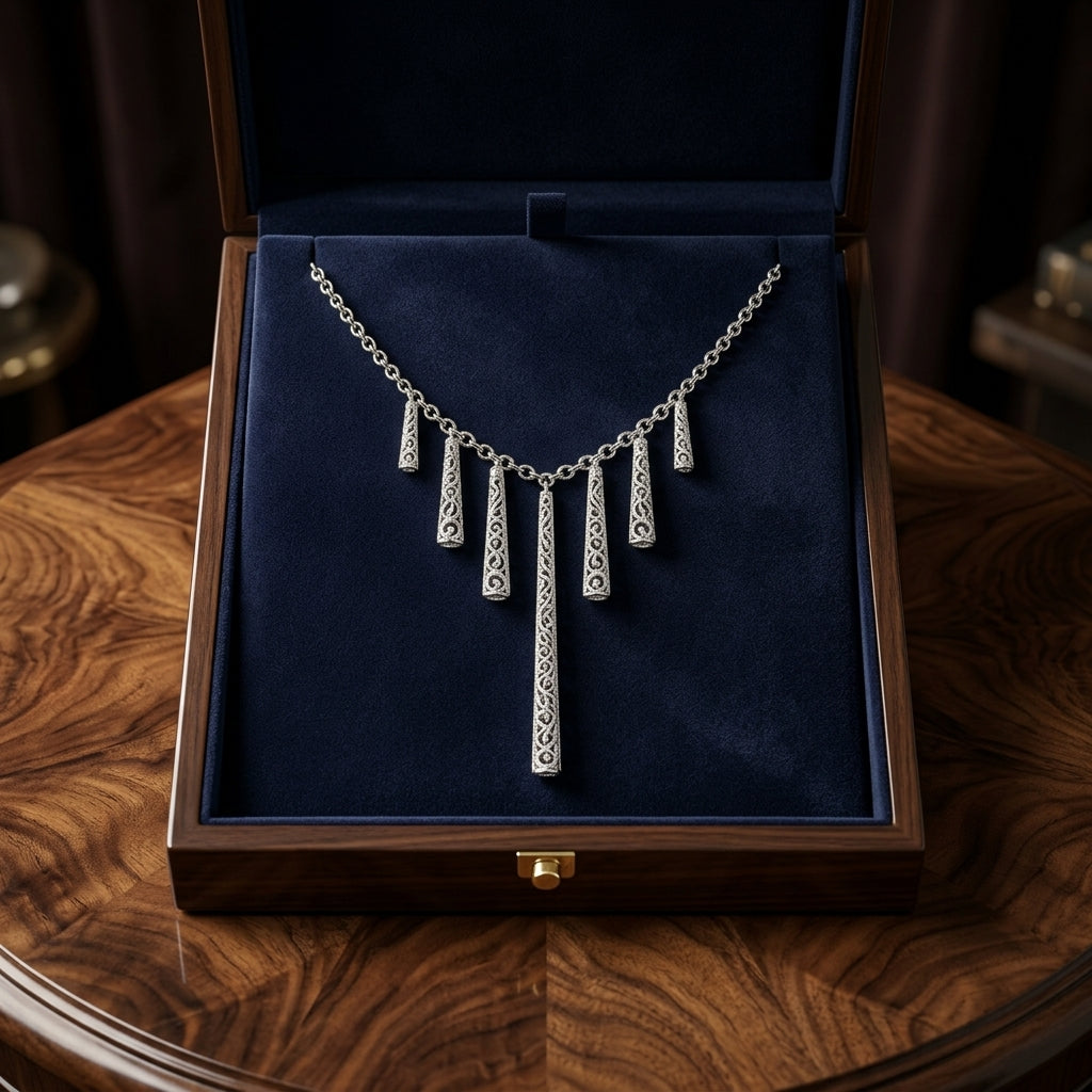 Diamond Dangle Stick Necklace 1/3ctw Adjustable 16-17-18 Inch in 14K White Gold - presentation
