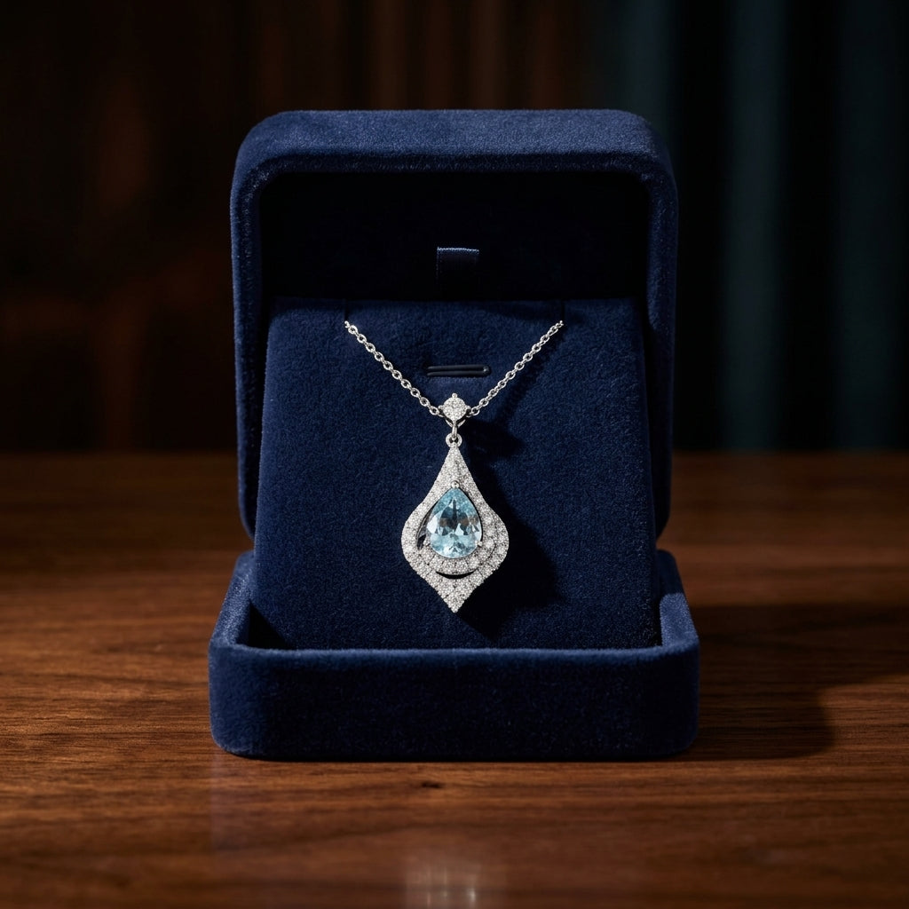Aquamarine and Diamond Teardrop Pendant in 14k White Gold 3/8ctw — gift presentation