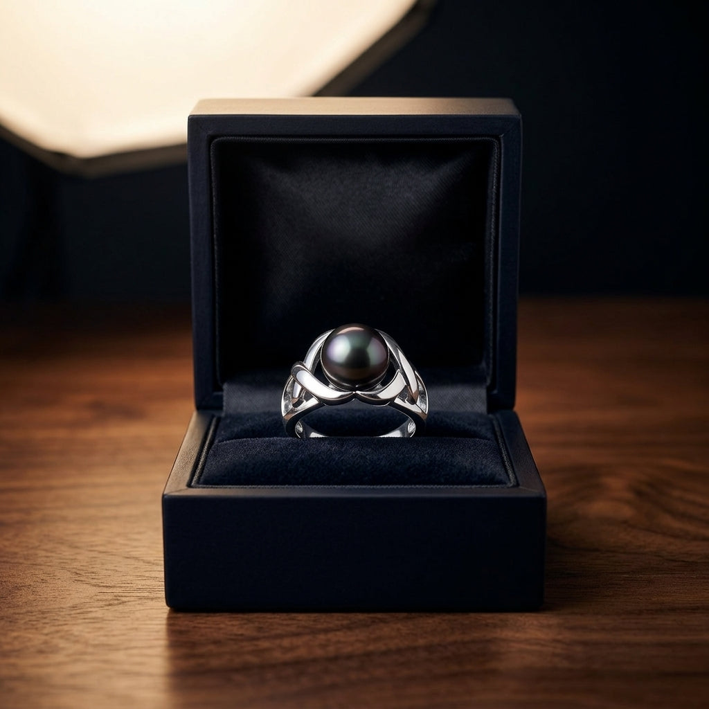 Black South Sea Pearl Ring In 14k White Gold — gift presentation