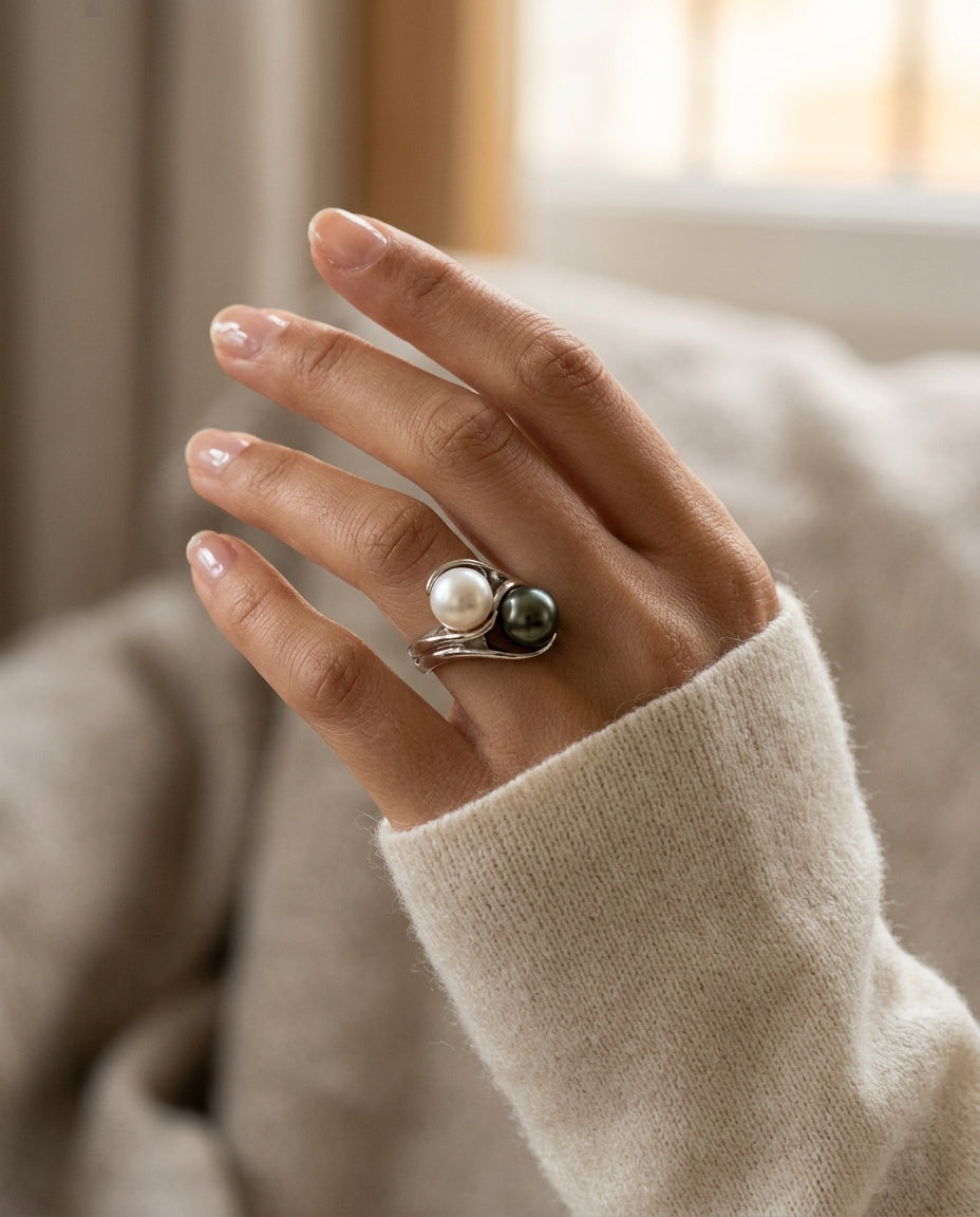 Black South Sea Pearl And Whte Akoya Pearl Bypass Ring In 14k White Gold — editorial close-up
