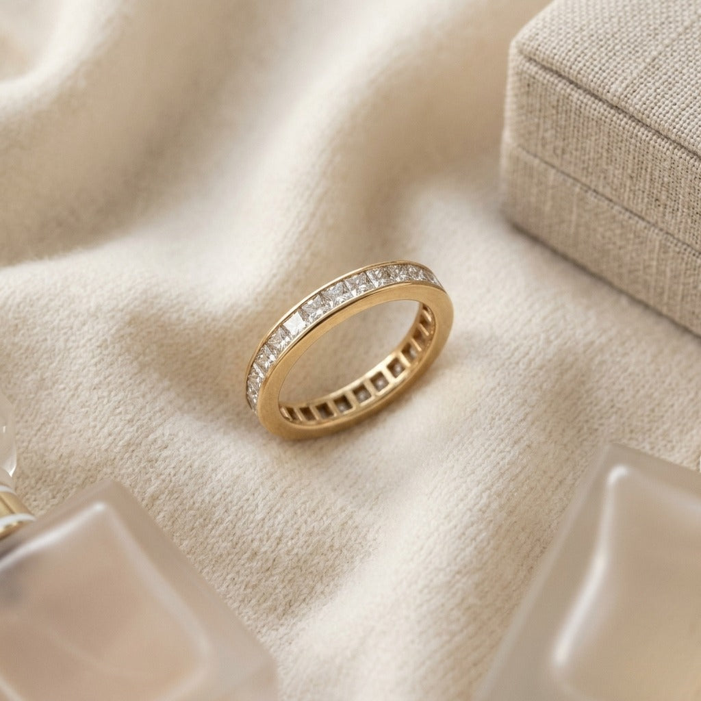 Diamond Princess Cut Eternity Band In 14k Yellow Gold 1.85Ctw — textile flat lay