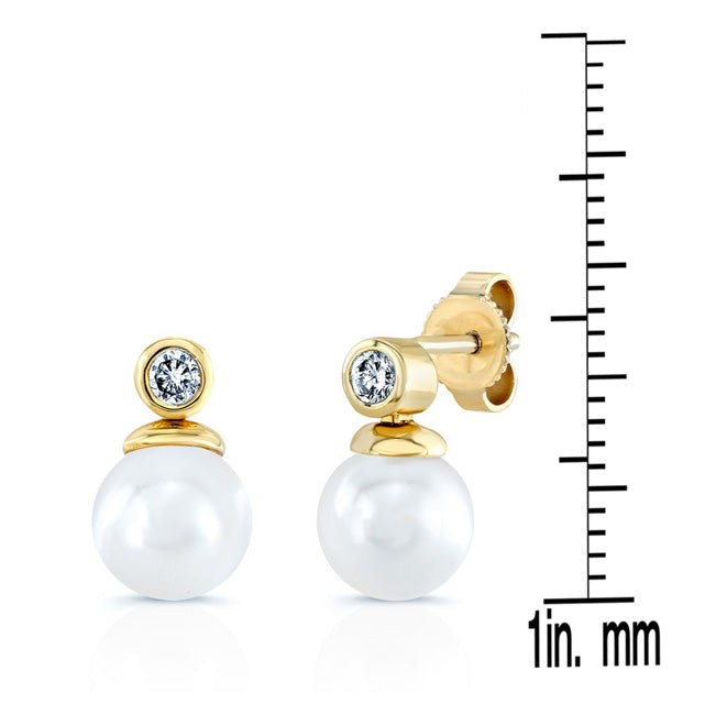 White Akoya Pearl With Diamond Earrings In 14k Yellow Gold