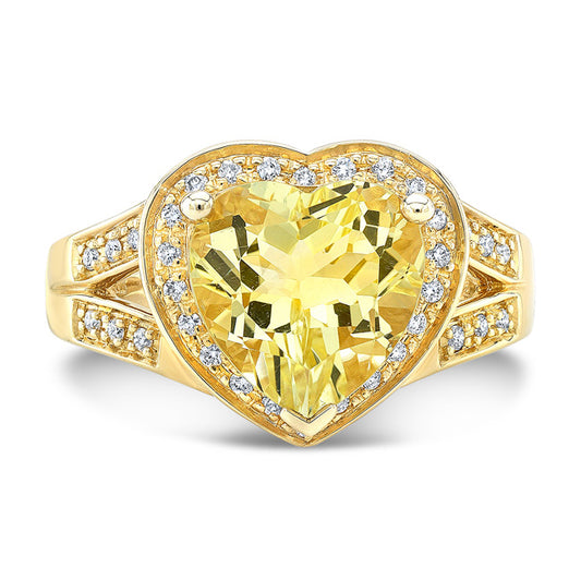 Lemon Quartz And Diamond Heart Shape Ring With Split Shank In 14k Yellow Gold