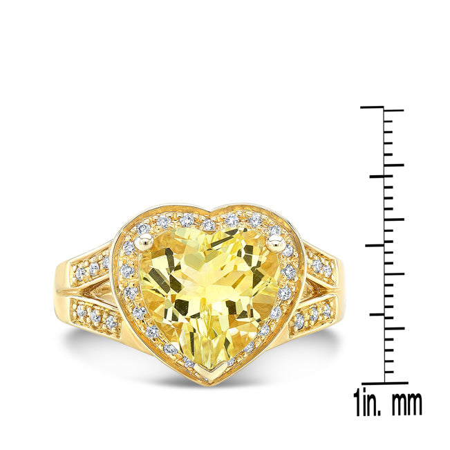 Lemon Quartz And Diamond Heart Shape Ring With Split Shank In 14k Yellow Gold