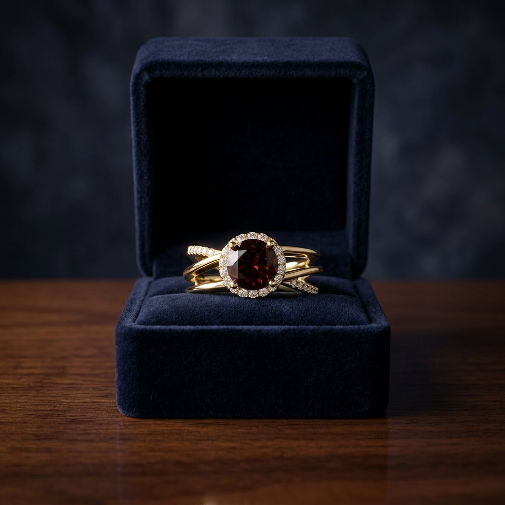 Garnet And Diamond Halo Bypass Ring In 14k Yellow Gold (sz 7.25) — gift presentation