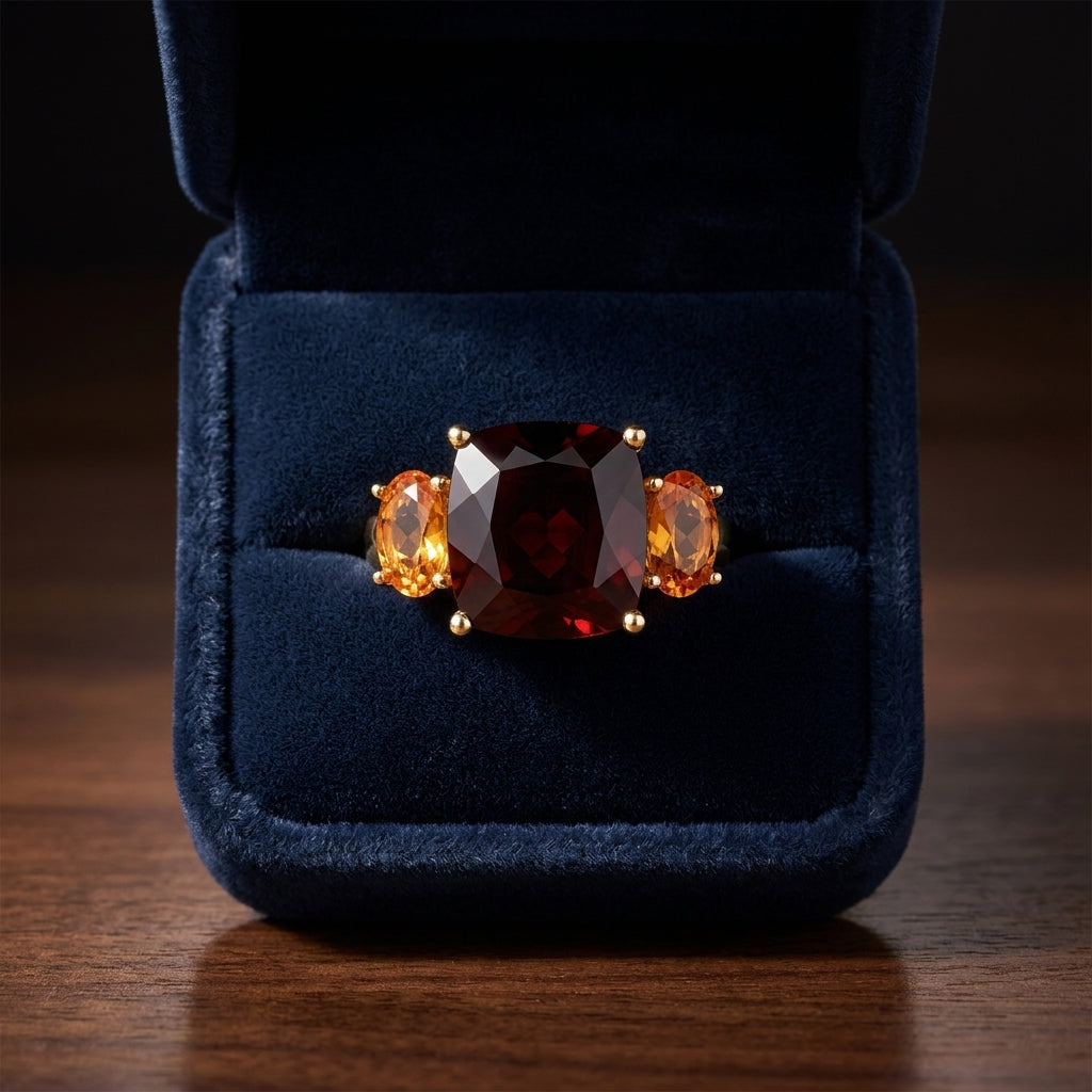 Garnet, Citrine And Diamond Ring In 14k Yellow Gold — gift presentation