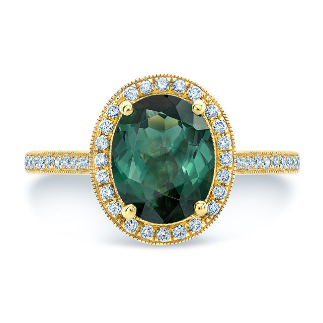Green Tourmaline And Diamond Oval Halo Ring In 14k Yellow Gold (10x8mm)
