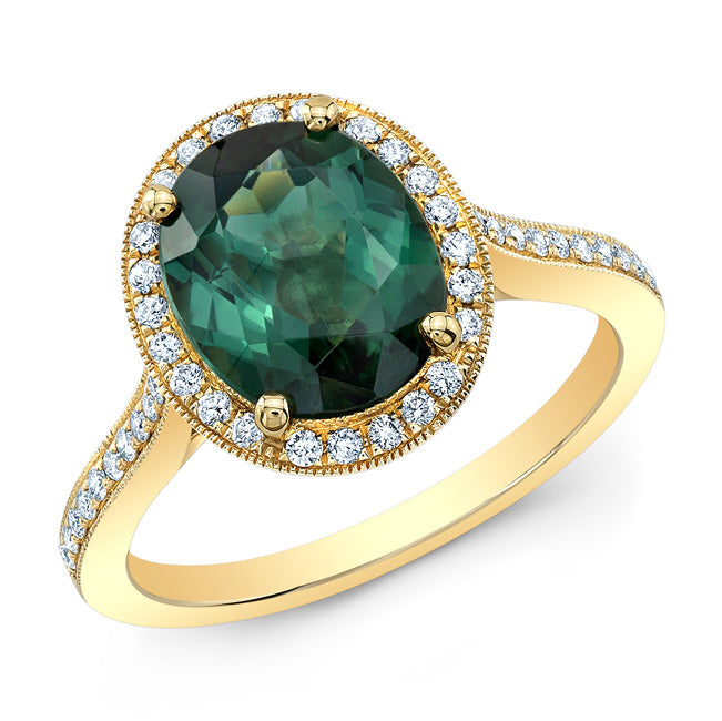 Green Tourmaline And Diamond Oval Halo Ring In 14k Yellow Gold (10x8mm)