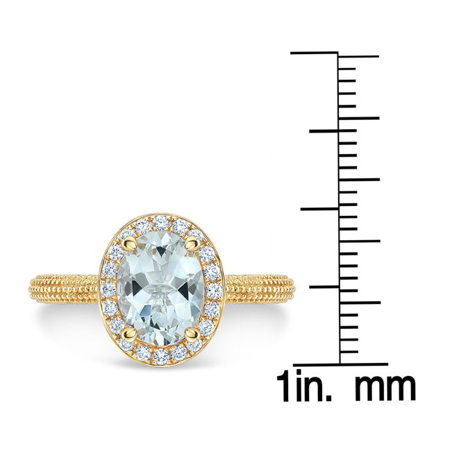 Aquamarine And Diamond Halo Ring In 14k Yellow Gold (8x6mm)
