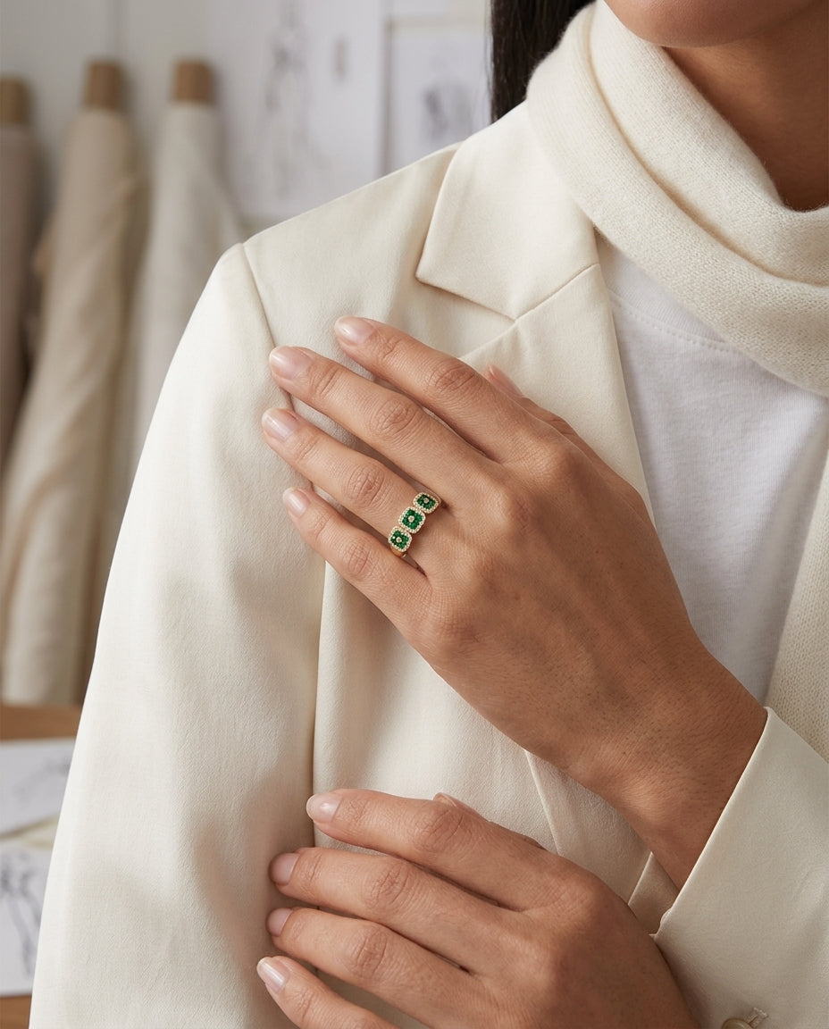 Created Emerald And Diamond 3-stone Inspired Ring In 14k Yellow Gold — editorial close-up