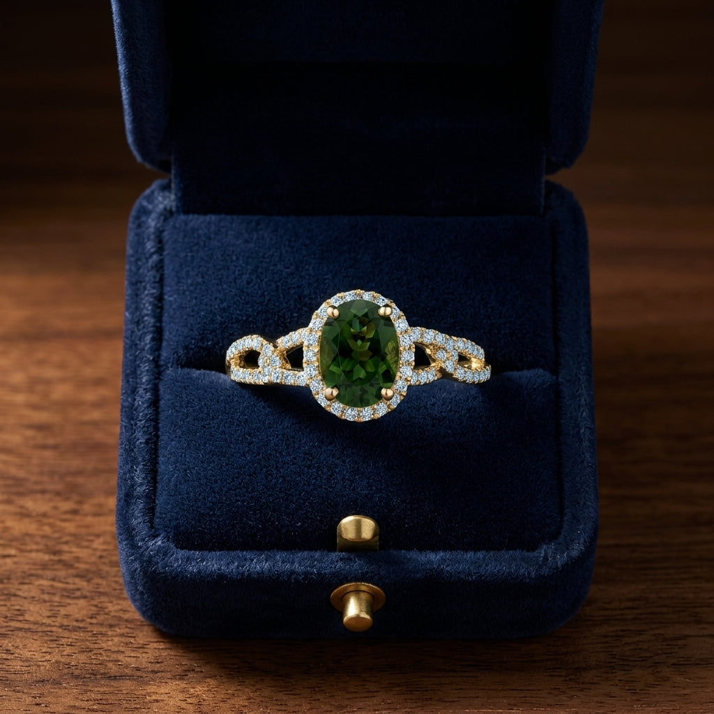Green Tourmaline And Diamond Ring In 14k Yellow Gold (8x6) — gift presentation
