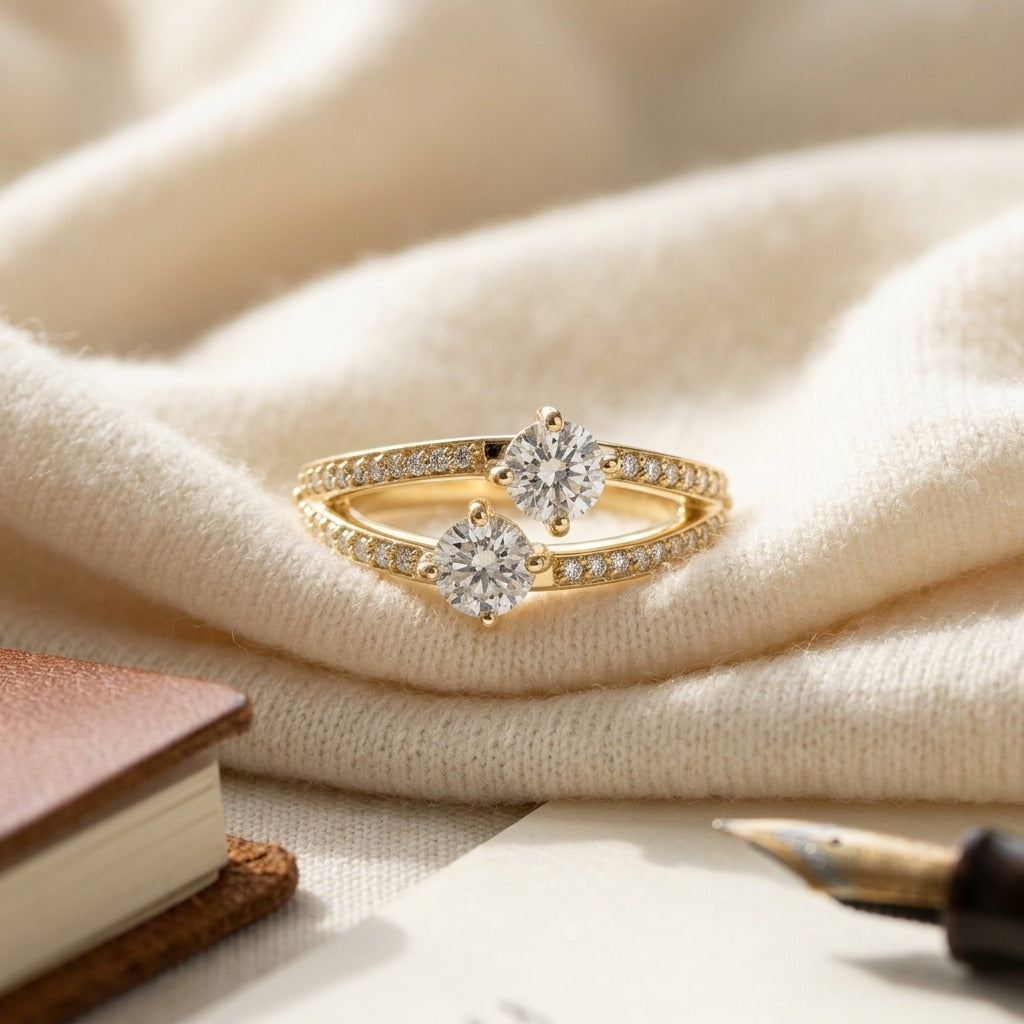 Diamond Two Stone Split Shank Ring In 14k Yellow Gold 1.0 Ctw — textile flat lay