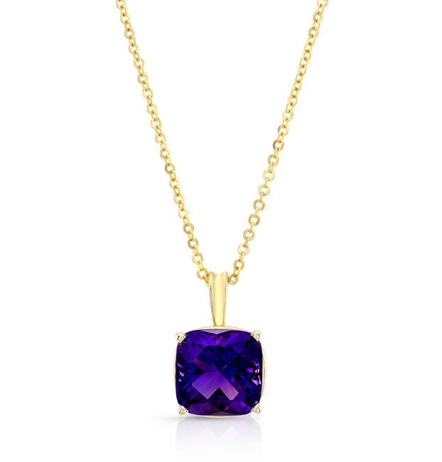Amethyst Cushion Solitaire Pendant In 14k Yellow Gold (10mm)