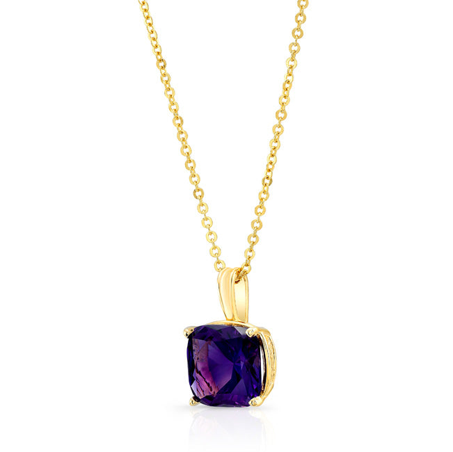 Amethyst Cushion Solitaire Pendant In 14k Yellow Gold (10mm)