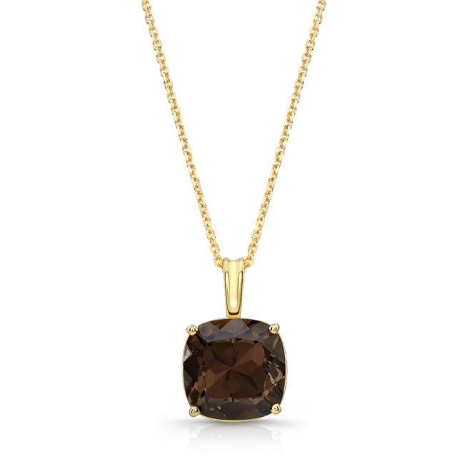 Cushion Cut 10mm Smokey Quartz Pendant In 14k Yellow Gold