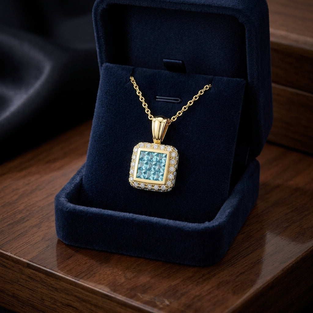 Blue Topaz And Diamond Invisible Set Cube Pendant In 14k Yellow Gold (17-in Rolo Chain) — gift presentation