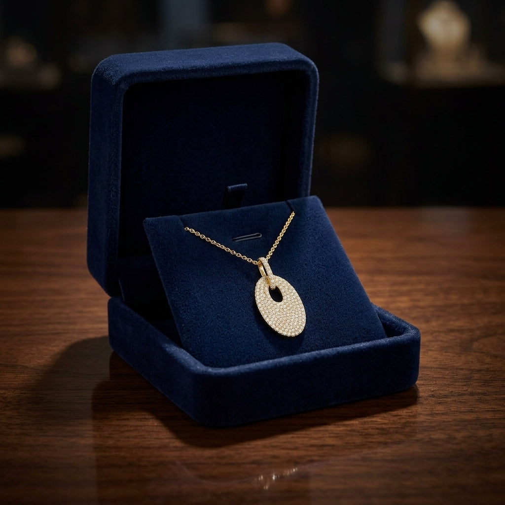 Diamond Pave Oval Disc Pendant In 14k Yellow Gold — gift presentation