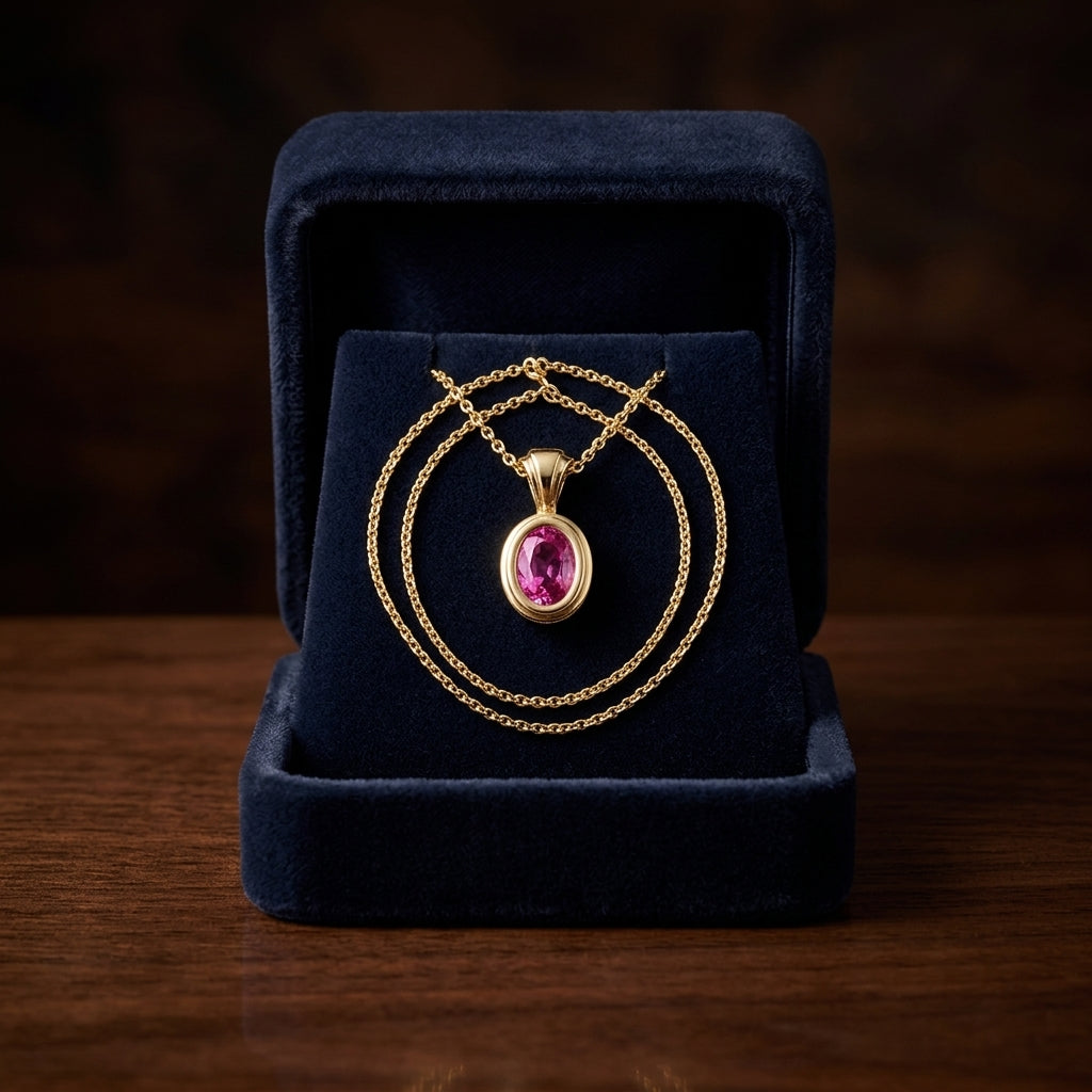 Pink Saphire Oval Bezel Solitaire Pendant In 14k Yellow Gold (18 Inch Rolo Chain) — gift presentation