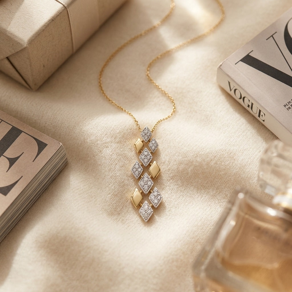 Floating Multi Diamond Shape Pendant — textile flat lay
