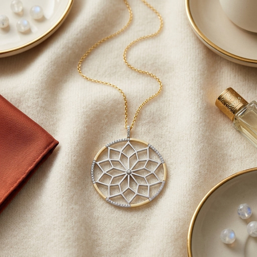 Diamond Floral Lattice Pendant with Pave Accented Border in 14k Yellow Gold, 16-18 Inch Adj Chain — textile flat lay