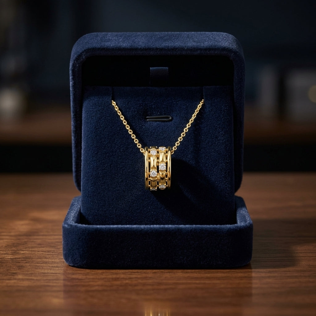 Diamond Barrel Pendant 1/6ctw 18-20 Inch Adj Chain in 14K Yellow Gold - presentation