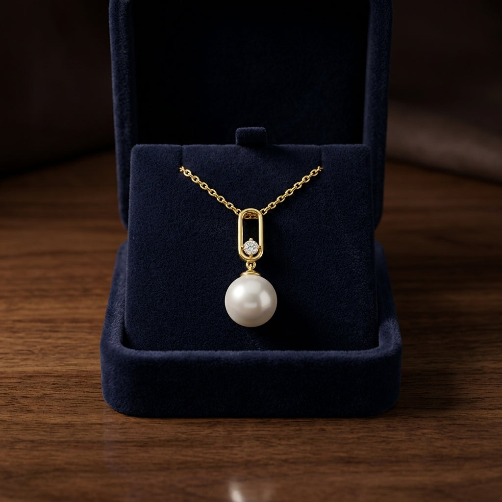 Freshwater Pearl & Diamond Pendant 1/12ctw Adjustable 16-18 Inch Chain in 14K Yellow Gold - presentation
