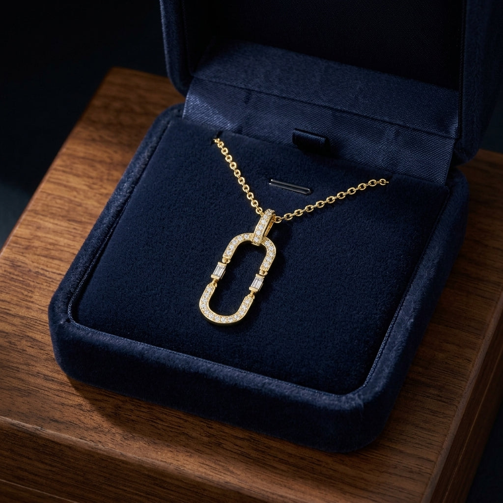 Round and Baguette Diamond Paper Clip Pendant in 14k Yellow Gold 1/3ctw — gift presentation