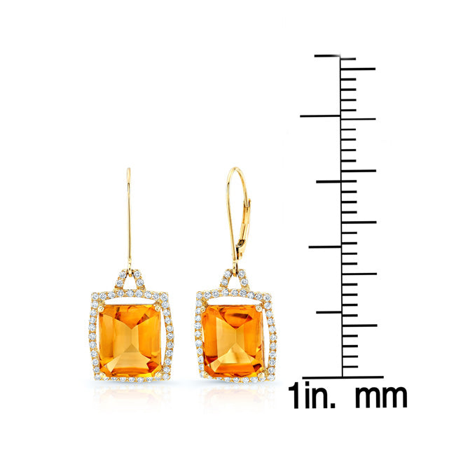 Citrine & Diamond Drop Earrings In 14k Yellow Gold