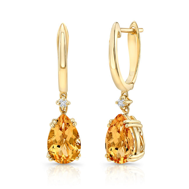 Citrine And Diamond Teardrop Dangle Earrings In 18k Yellow Gold (9x6mm)