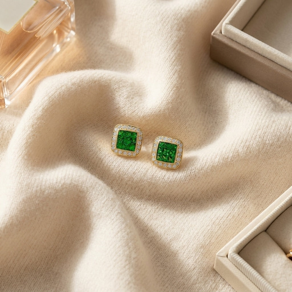 Tsavorite & Diamond Square Invisible-cut Stud Earrings In 14k Yellow Gold — textile flat lay