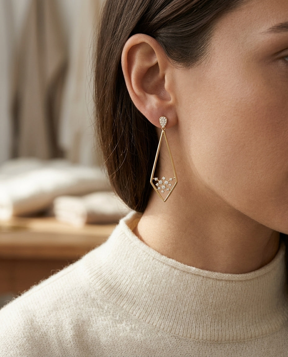 Diamond Pave Elongated Diamond Shaped Earrings In 14k Yellow Gold - No Dias On Top/posts — editorial close-up