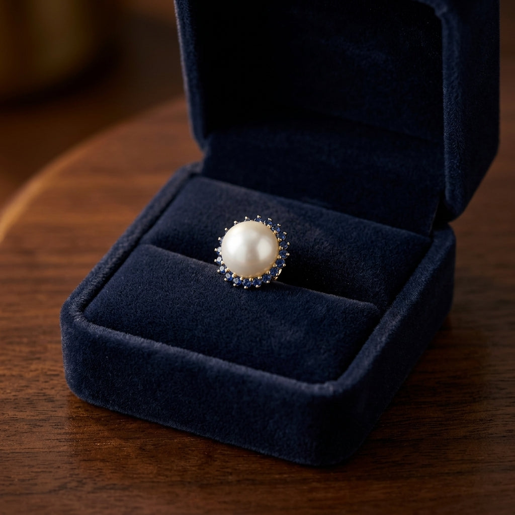 Cultured Pearl & Sapphire Halo Stud Earrings in 14K Yellow Gold - presentation