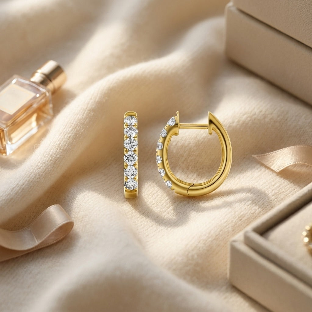 Diamond 3/4ctw Hoop Earring Set in 14k Yellow Gold — textile flat lay